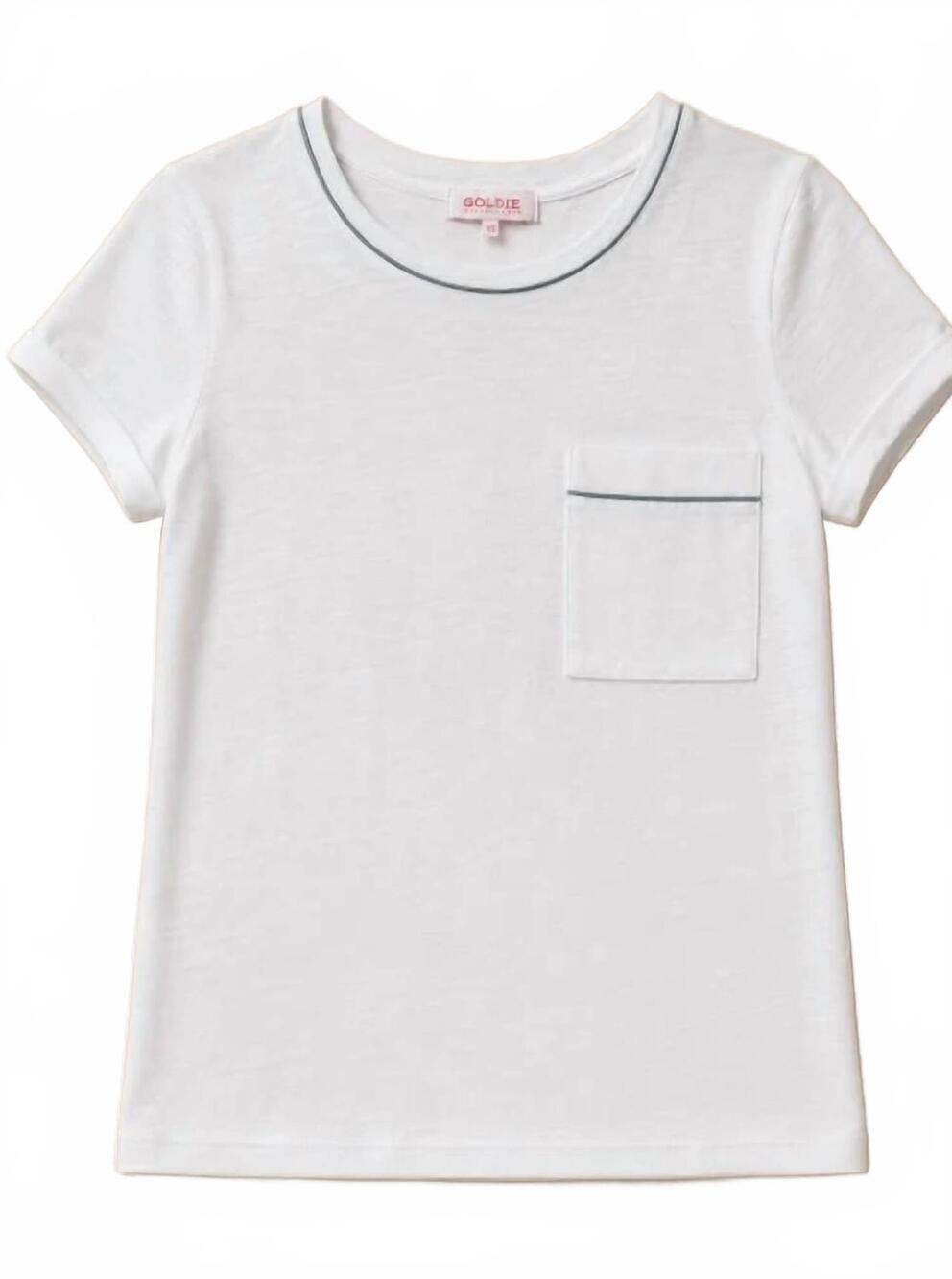 NEW GOLDIE LEWINTER women's pocket piping top in white